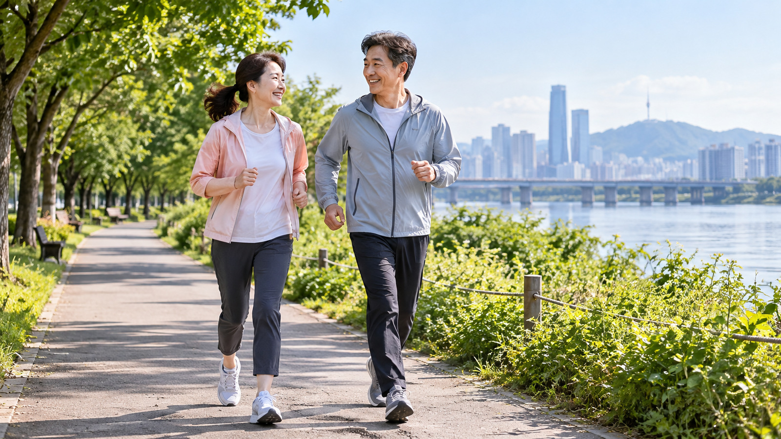 햇빛이 비치는 강변 산책로에서 두 사람이 운동복 차림으로 빠르게 걷는 장면