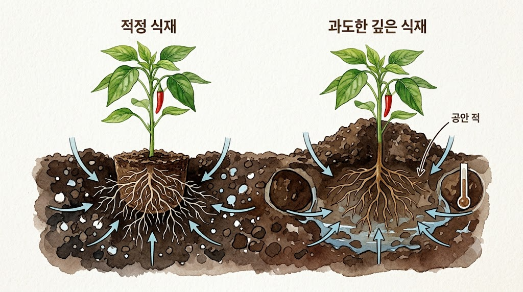 적정 깊이로 심겨 산소를 흡수하는 뿌리와 깊게 묻혀 산소 결핍으로 질식하는 뿌리를 비교한 단면 인포그래픽