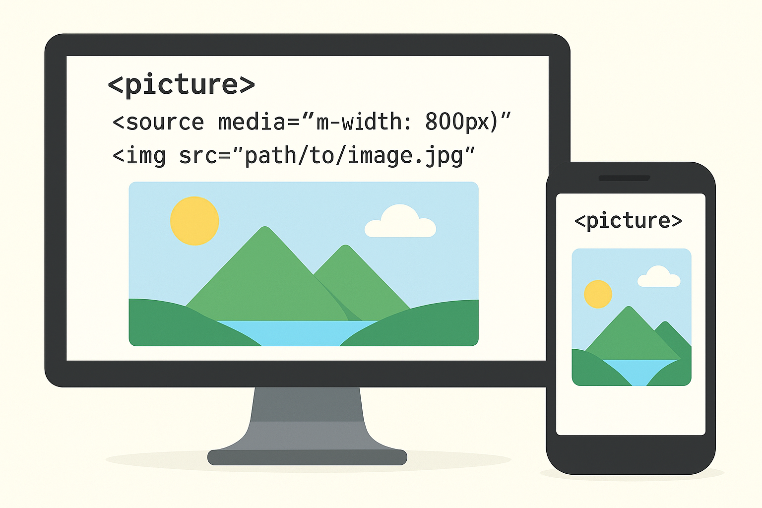 반응형 웹 환경에서 미디어 쿼리를 이용해 스크린 크기별 이미지를 적용하는 <picture> 태그 코드
