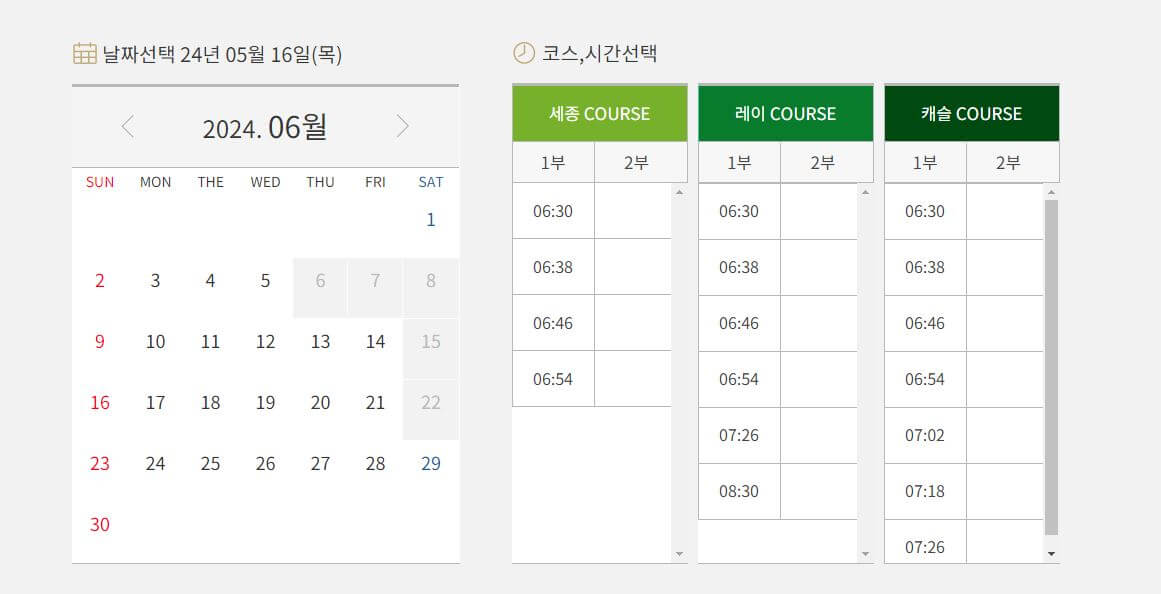세종레이캐슬CC 예약 화면