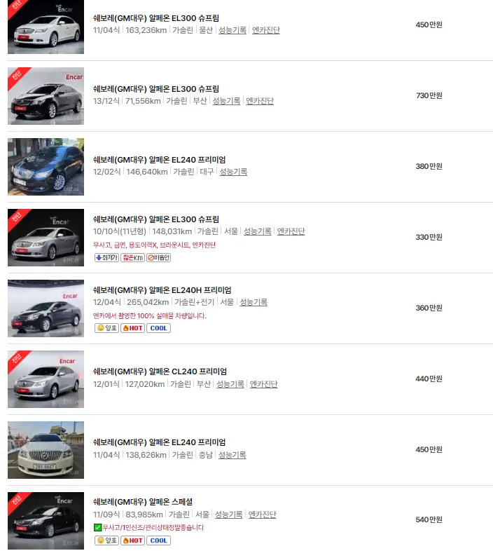 알페온 (10년 ~ 15년) 중고차 가격