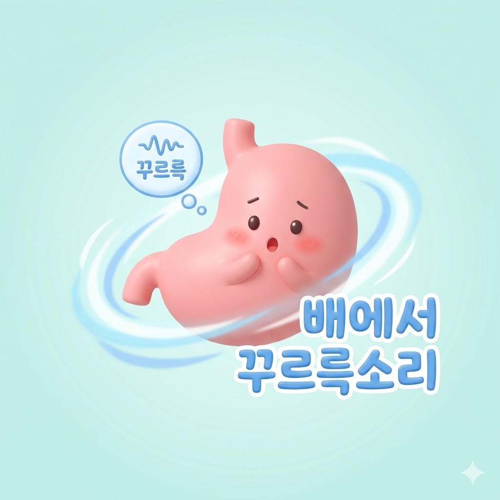 귀여운 3D 카툰 스타일의 위장 캐릭터가 배에서 나는 '꾸르륵소리'를 내며 살짝 부끄러워하는 모습. '배에서 꾸르륵소리'라는 한글 텍스트가 삽입되어 있다.