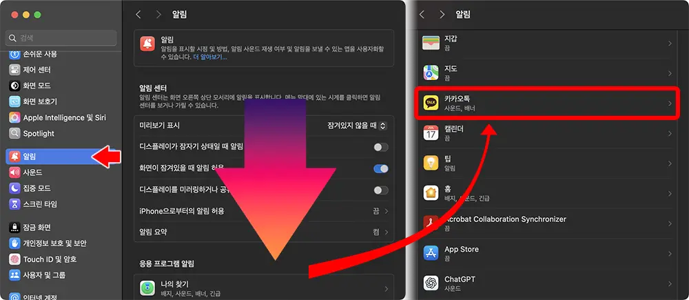 시스템 설정 좌측 메뉴에서 알림을 선택, 우측 패널에서 아래로 스크롤 해 카카오톡 항목을 선택한다.