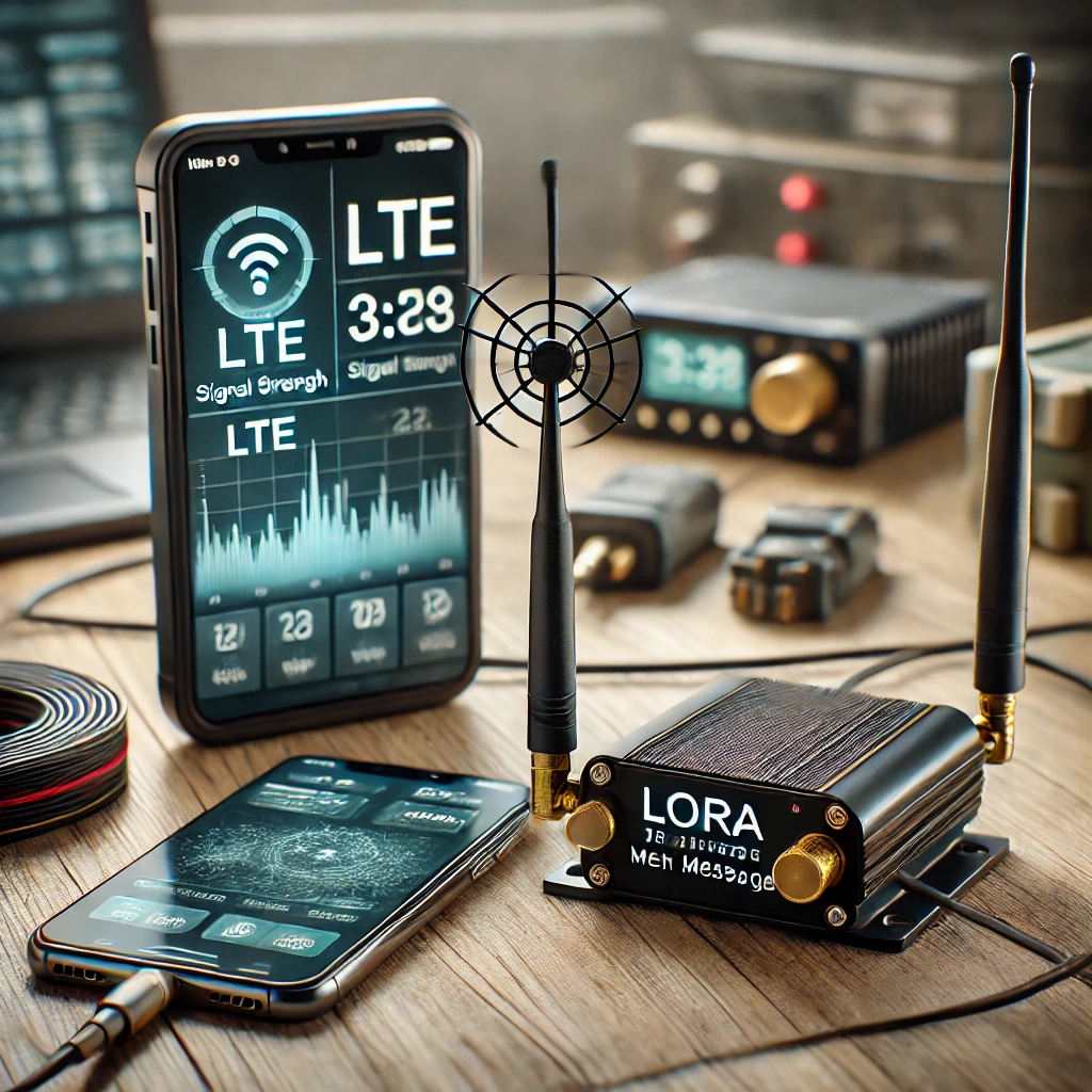 LTE 라우터와 LoRa 모듈을 이용한 생존 통신 셋업 – 스마트폰과 연결되어 메시지 앱과 신호 확인 장면이 보이는 비교 구성