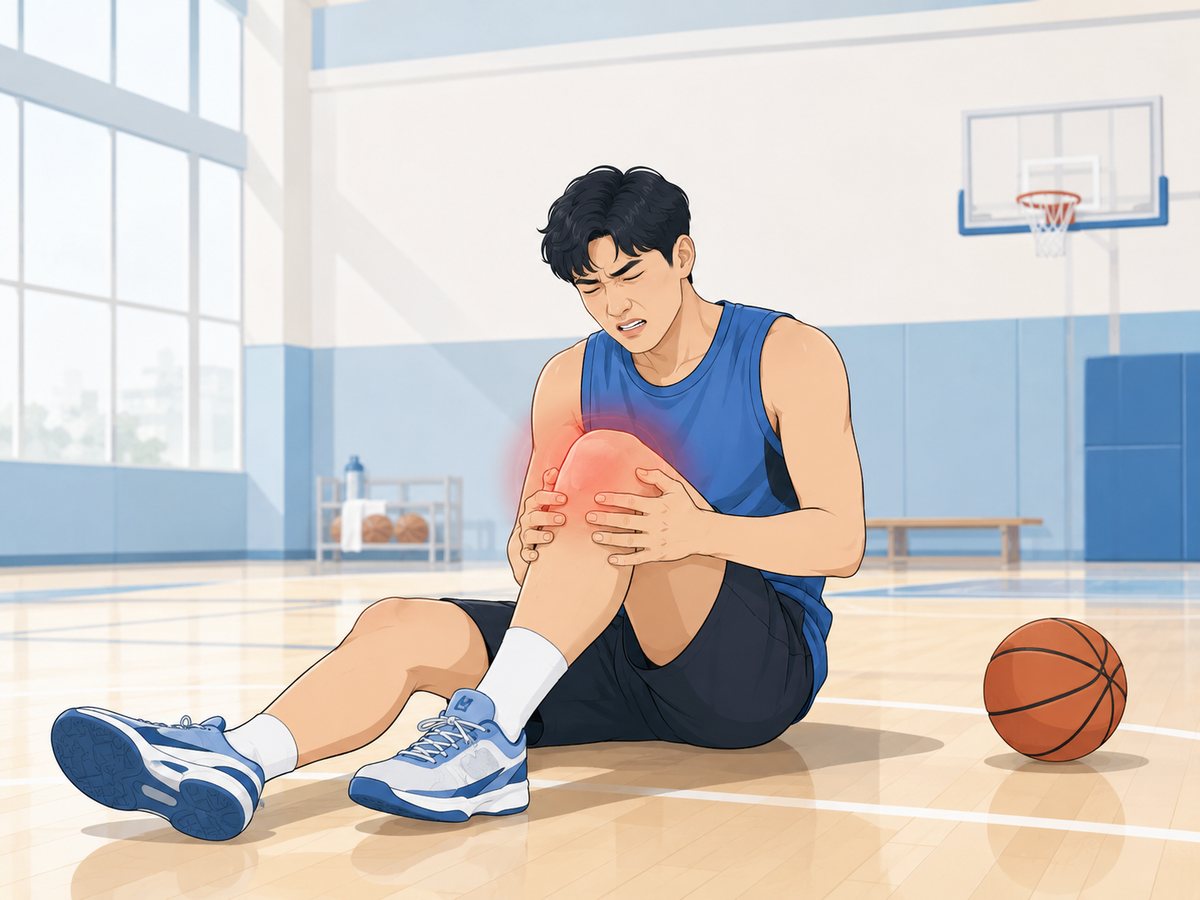 실내 농구 코트에 주저앉아 다친 무릎을 감싸 쥔 젊은 남성