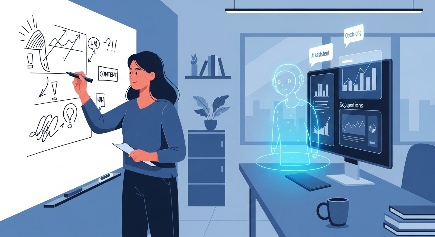 인간 마케터와 AI 어시스턴트가 협력하여 전략을 세우고 콘텐츠를 생성하는 모습, 미래 마케팅 협업을 상징하는 이미지