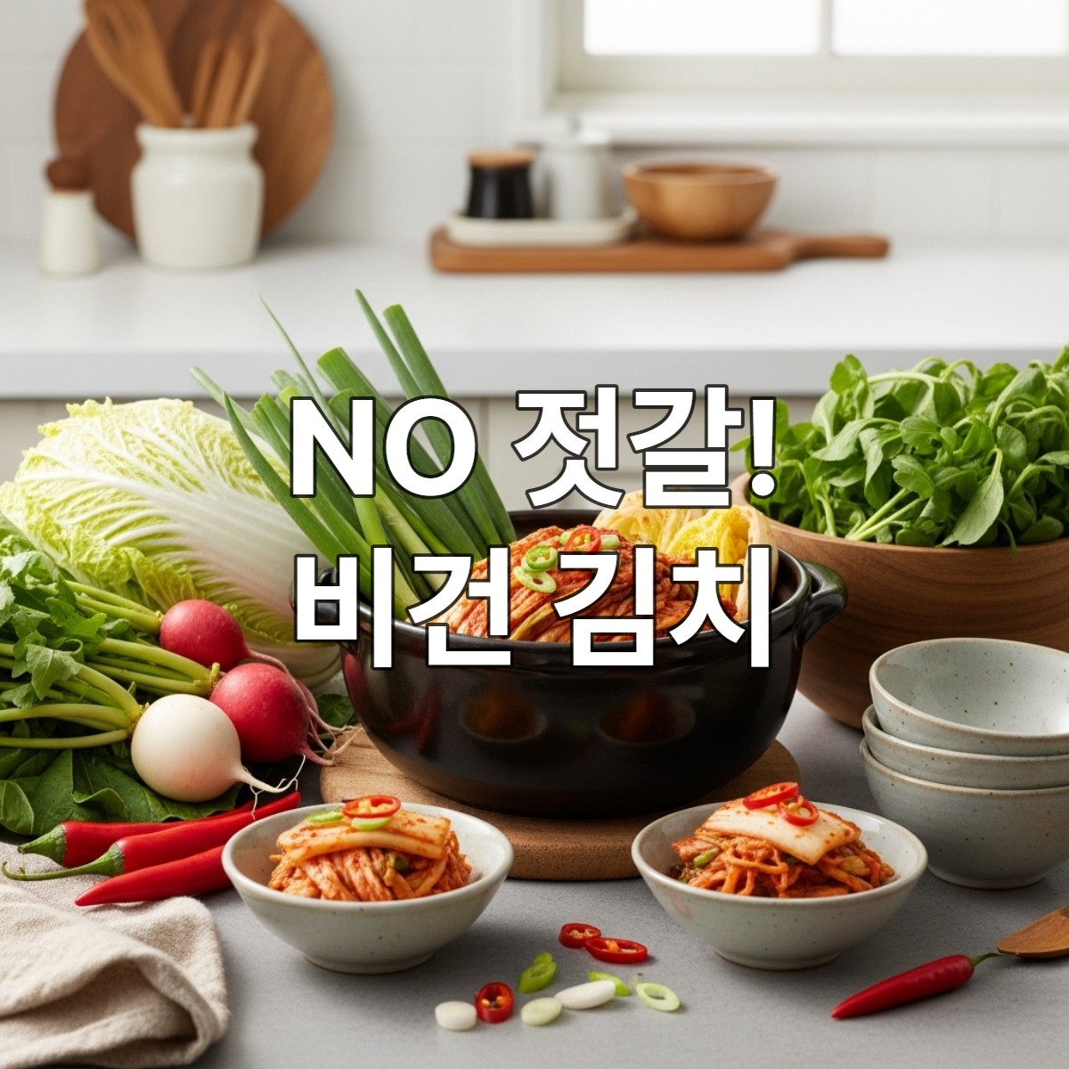 비건 및 알레르기 프리 김장김치를 전통 옹기 항아리에 담아, 갓 담은 듯 신선하고 먹음직스러운 모습.