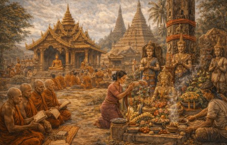 고대 몬족 사회에서 불교 승려와 주민들이 사원에 모여있는 모습