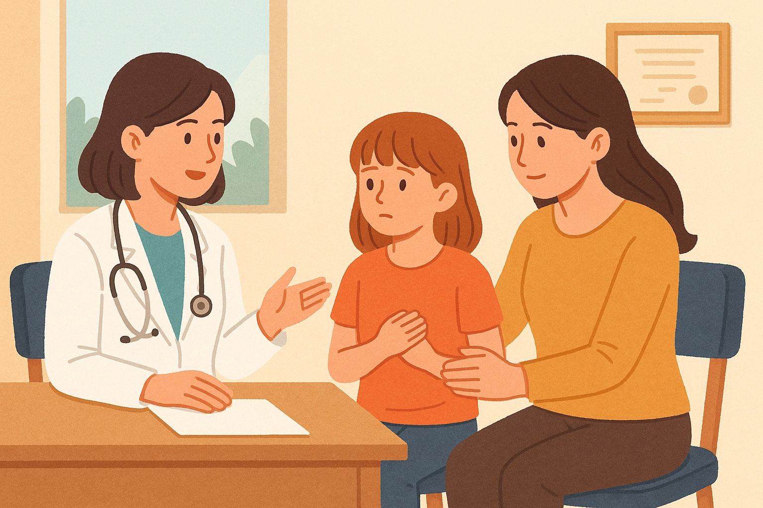 여자아이와 엄마가 병원에서 여성 의사와 상담하는 따뜻한 분위기의 일러스트. 아이는 걱정스러운 표정으로 엄마 옆에 앉아 있고, 의사는 차분히 설명하고 있다.