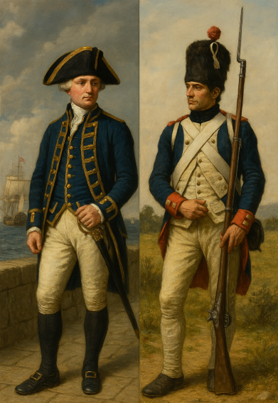 18세기 영국 해병(좌)과 프랑스 보병(우)의 이미지입니다.