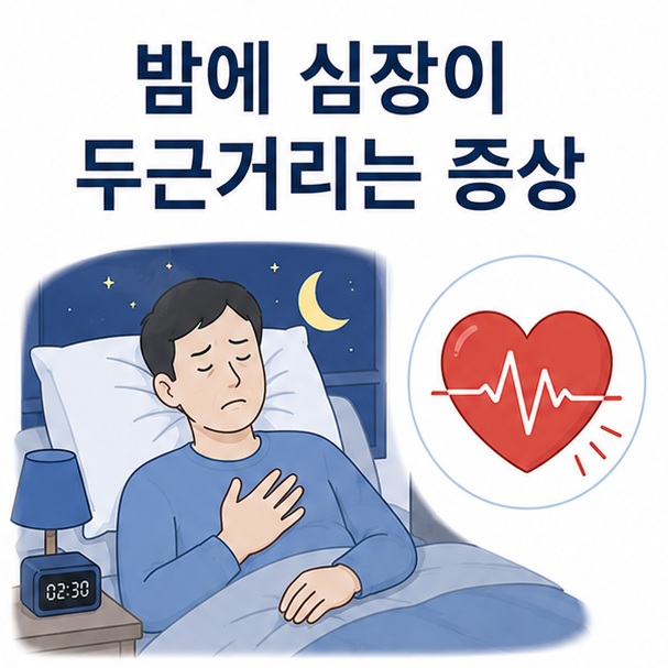 밤에 침대에 누워 심장 두근거림을 느끼는 사람과 심장박동 아이콘을 배치해 밤에 심장이 두근거리는 증상을 설명한 대표 이미지