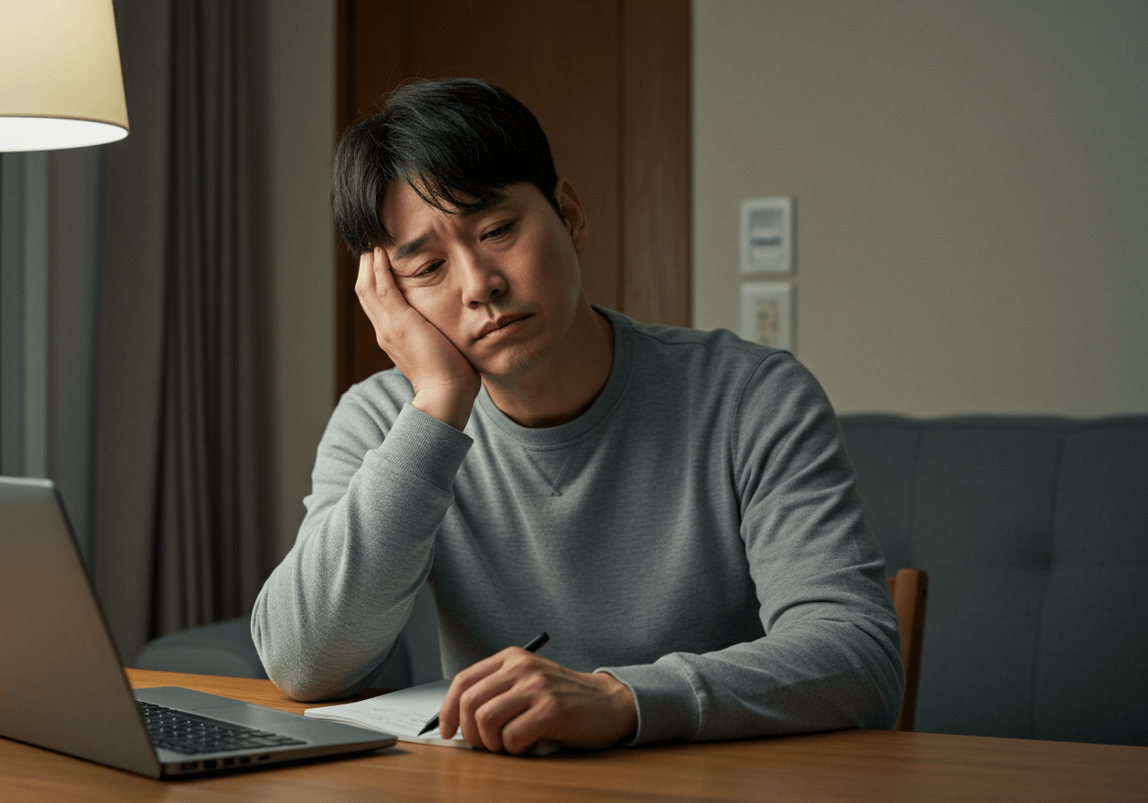 노트북 앞 책상에 앉아 턱을 괴고 피곤한 표정으로 앉아 있는 30대 한국인 남성