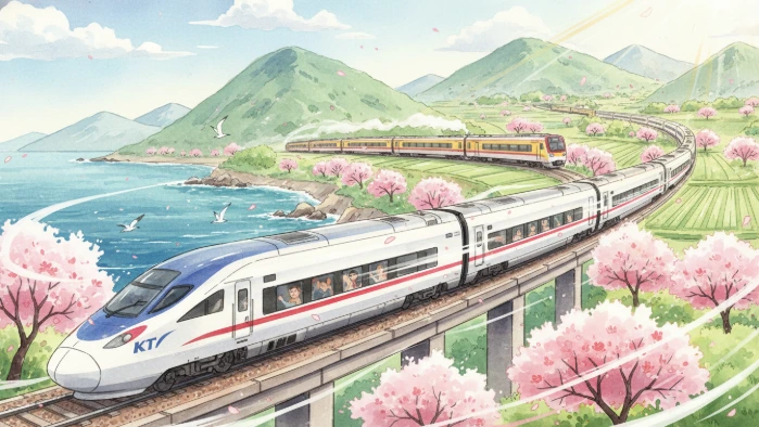 아름다운 한국의 봄 풍경을 배경으로 다양한 종류의 열차들이 활기차게 달리는 모습, 철도 여행의 즐거움을 표현