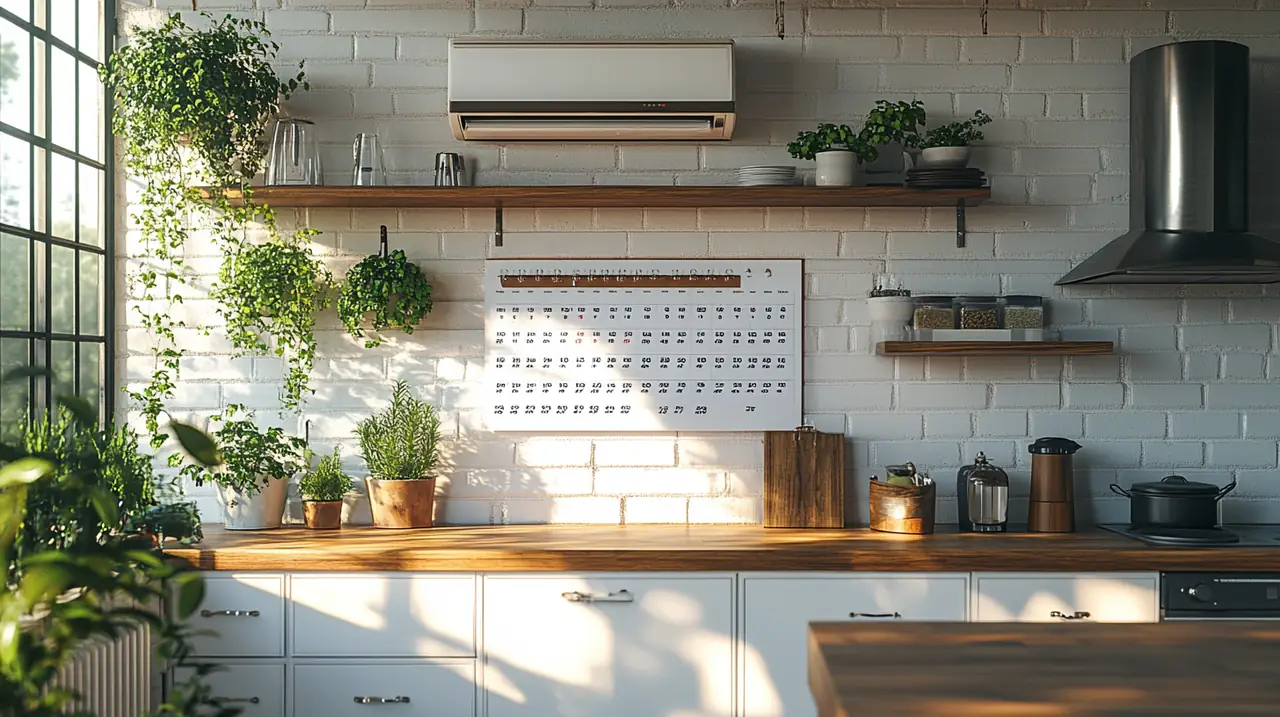 월별 상환 일정이 표시된 달력으로 에어컨 렌탈 모델을 설명. 전통적인 주방 공간에서 주는 아늑함과 시대를 넘나드는 감각.