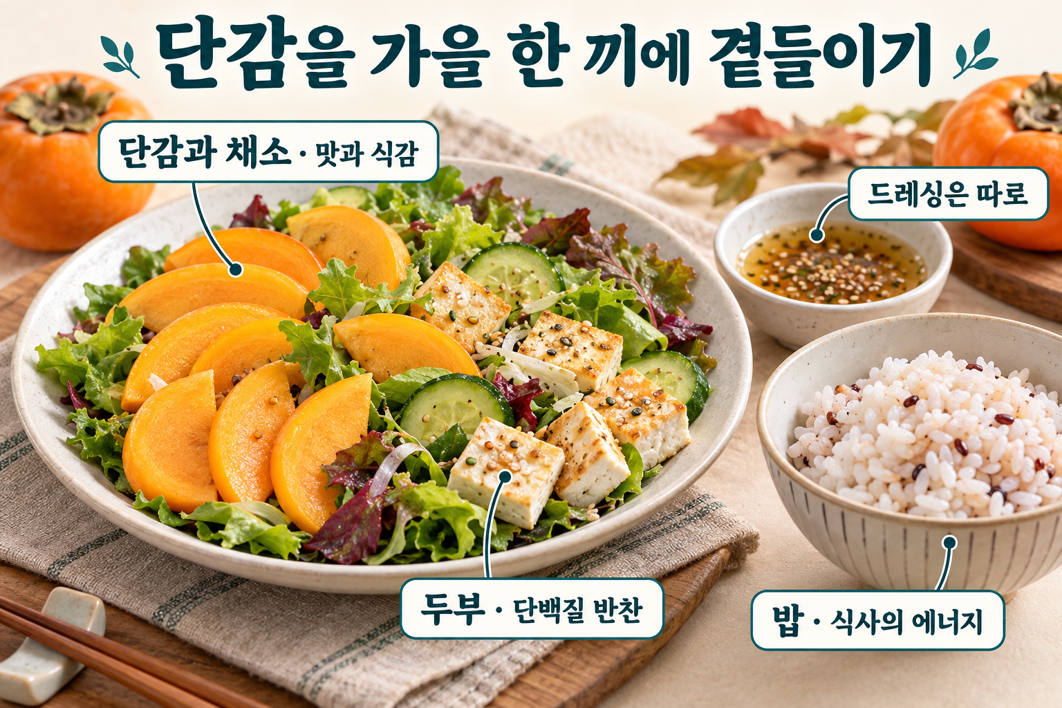 단감&middot;잎채소&middot;오이&middot;두부 샐러드에 밥과 별도 드레싱을 곁들인 가을 한 끼.