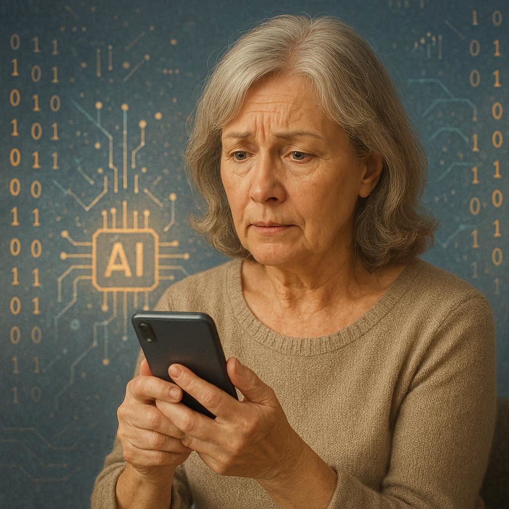 60대 여성이 AI 음성 기록 앱을 활용해 이야기를 하는 모습