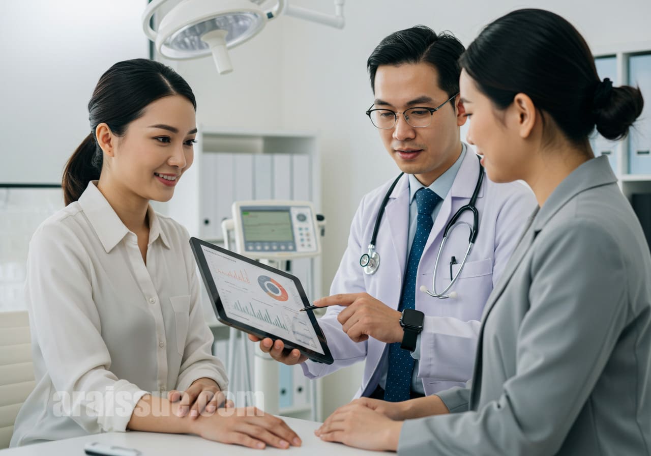 예방적 관리가 어떻게 비용 절감과 건강 유지에 기여하는지 설명하는 의사와 환자. 디지털 기기를 통해 예방적 관리의 효과를 강조하는 모습. 현대적인 진료실에서 상담 중.