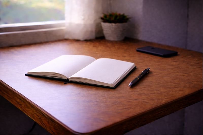 소비를 기록하면서도 숫자를 적지 않은 빈 노트와 책상 풍경