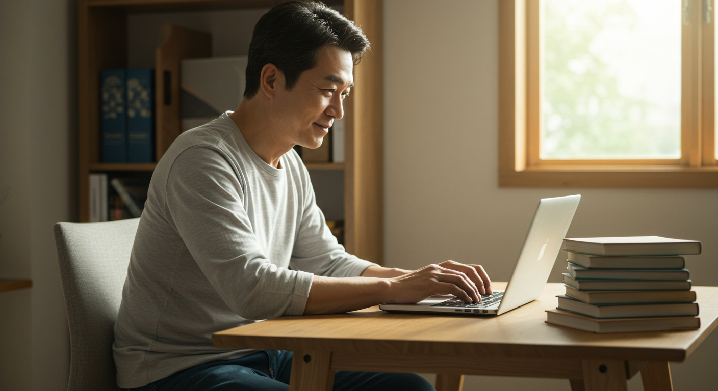 집에서 블로그 글을 쓰는 남성