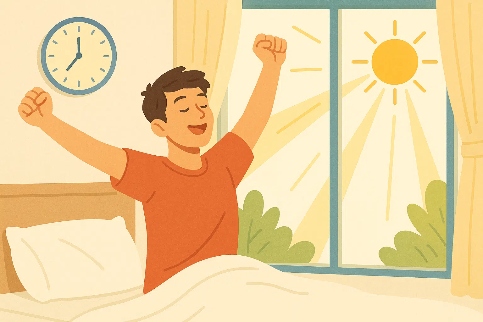 아침 햇살이 들어오는 창문 옆에서 기지개를 켜는 사람
