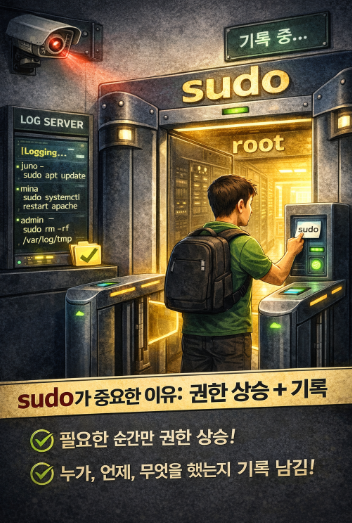 sudo ๋ช
๋ น์ด๋ฅผ ๋ณด์ ๊ฒ์ดํธ์ฒ๋ผ ์ฌ์ฉํ๋ ๋ชจ์ต. ์ฌ์ฉ์๋ sudo๋ก root ๊ณต๊ฐ์ ์ผ์ ์ ๊ทผํ๋ฉฐ, ๋ชจ๋ ํ์๋ ๋ก๊ทธ ์๋ฒ์ CCTV์ ๊ธฐ๋ก๋จ. ๊ถํ ์์น๊ณผ ๊ฐ์ฌ ์ถ์ ์ ๊ฐ๋
์ ์๊ฐํ