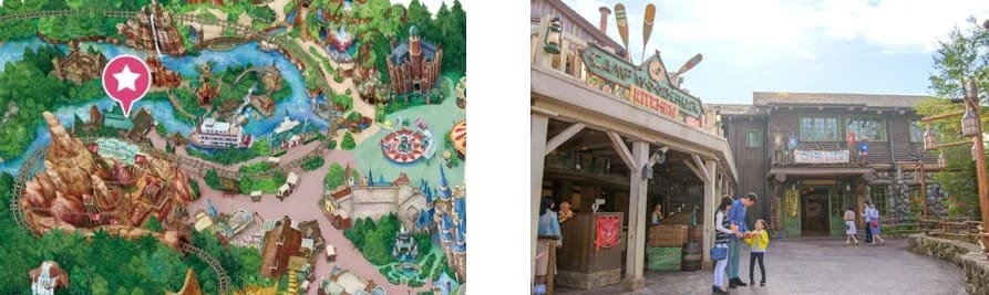 지도에 별표로 위치가 나와있는 그림과 식당 앞에 사람들이 서 있는 사진