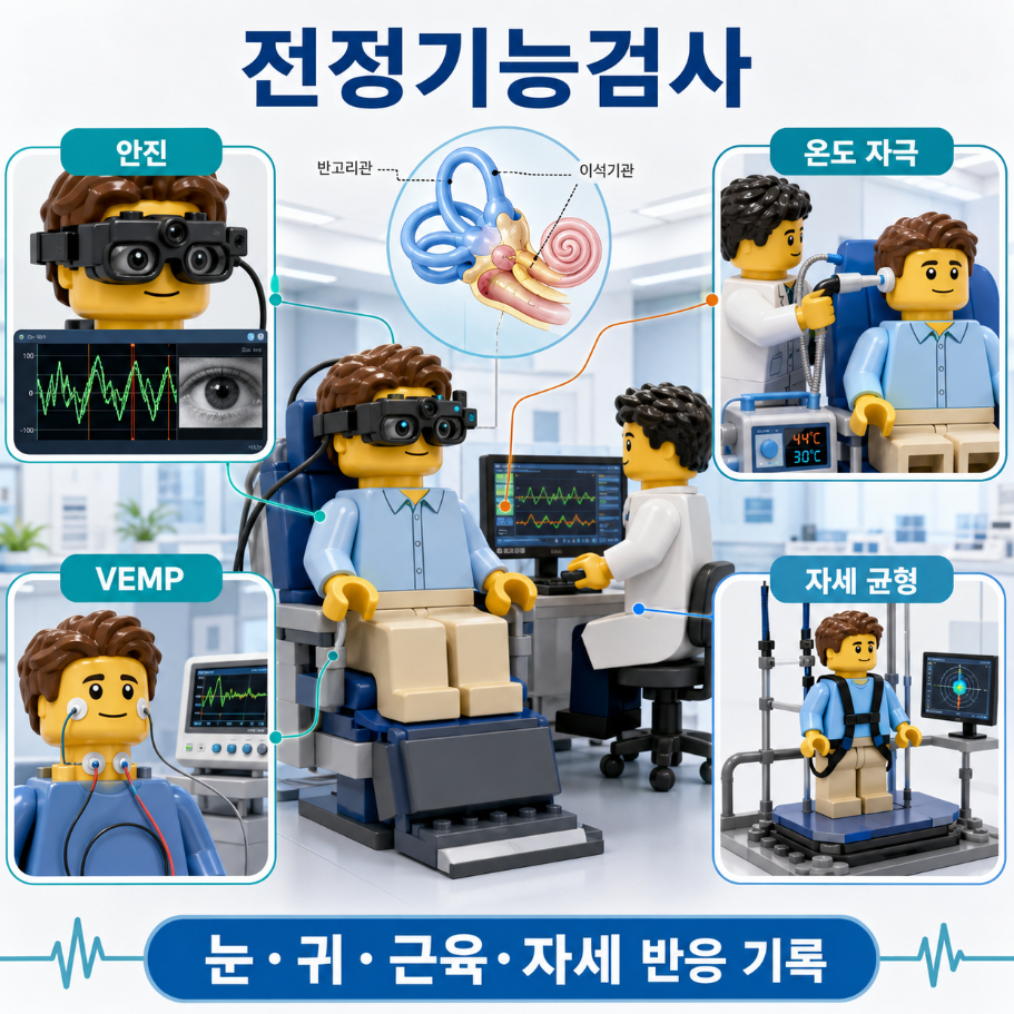 전정기능검사에서 카메라 고글과 귀 자극, VEMP 전극, 균형 발판으로 눈·귀·근육·자세 반응을 기록하는 모습