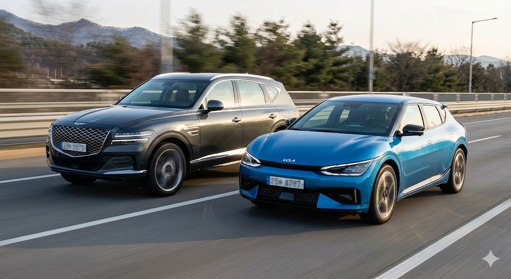 위풍당당한 자태의 제네시스 GV90 예상도와 날렵한 기아 EV GT 모델이 나란히 달리는 모습