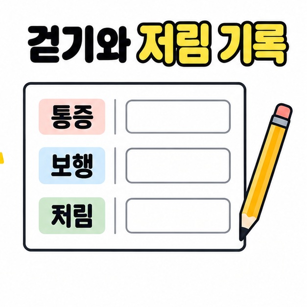 통증, 보행, 저림을 적은 세 행의 빈 기록 칸과 연필로 경과를 기록하는 방법을 나타낸 그림