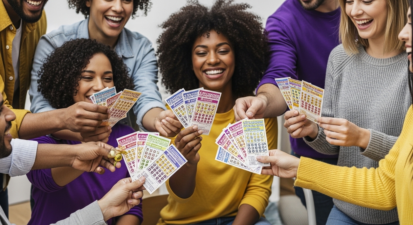 여러 장의 로또 용지를 들고 기뻐하는 친구들의 모습. 로또 그룹 구매 전략과 협력의 즐거움을 나타냅니다.
