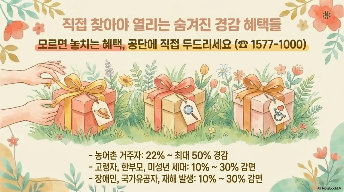 건강보험료 줄이는 방법: 신청해야 받을 수 있는 건강보험료 경감 및 감면 제도를 선물 상자 일러스트로 정리한 이미지. 농어촌 거주자 22%에서 최대 50% 경감과 고령자 한부모 미성년 세대 10%에서 30% 감면 그리고 장애인 국가유공자 재해 발생 세대 10%에서 30% 감면 내용이 안내되어 있으며 건보공단 1577-1000으로 직접 문의하라는 안내가 포함되어 있다.
