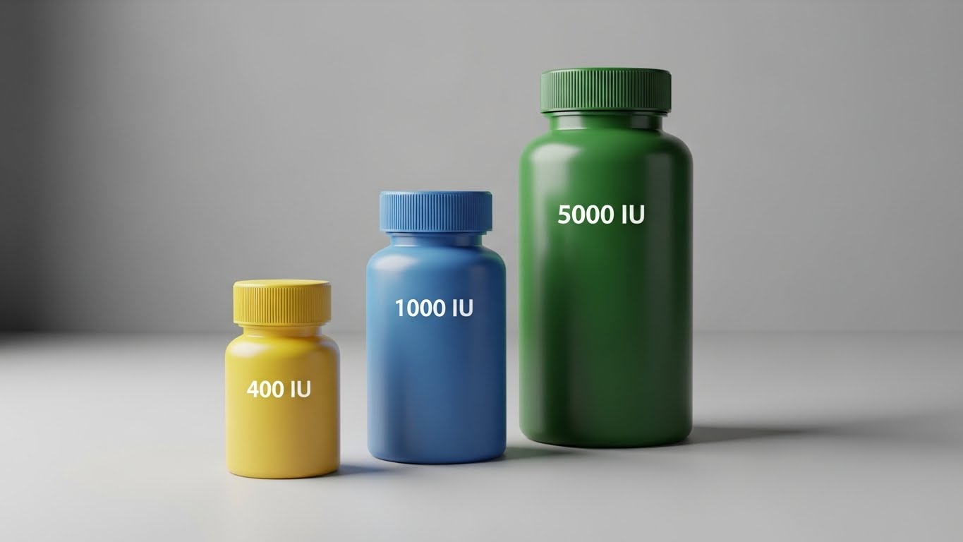 색상이나-크기에-따라-시각적으로-구별되는-다양한-일반-비타민-병(400,-1000,-5000)을-보여주는-현실적인-탁상용-장면입니다.