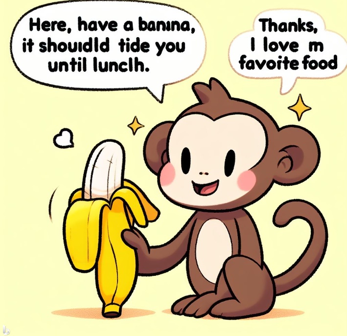 점심때까지 바나나로 버티려는 원숭이(made by Bing)
