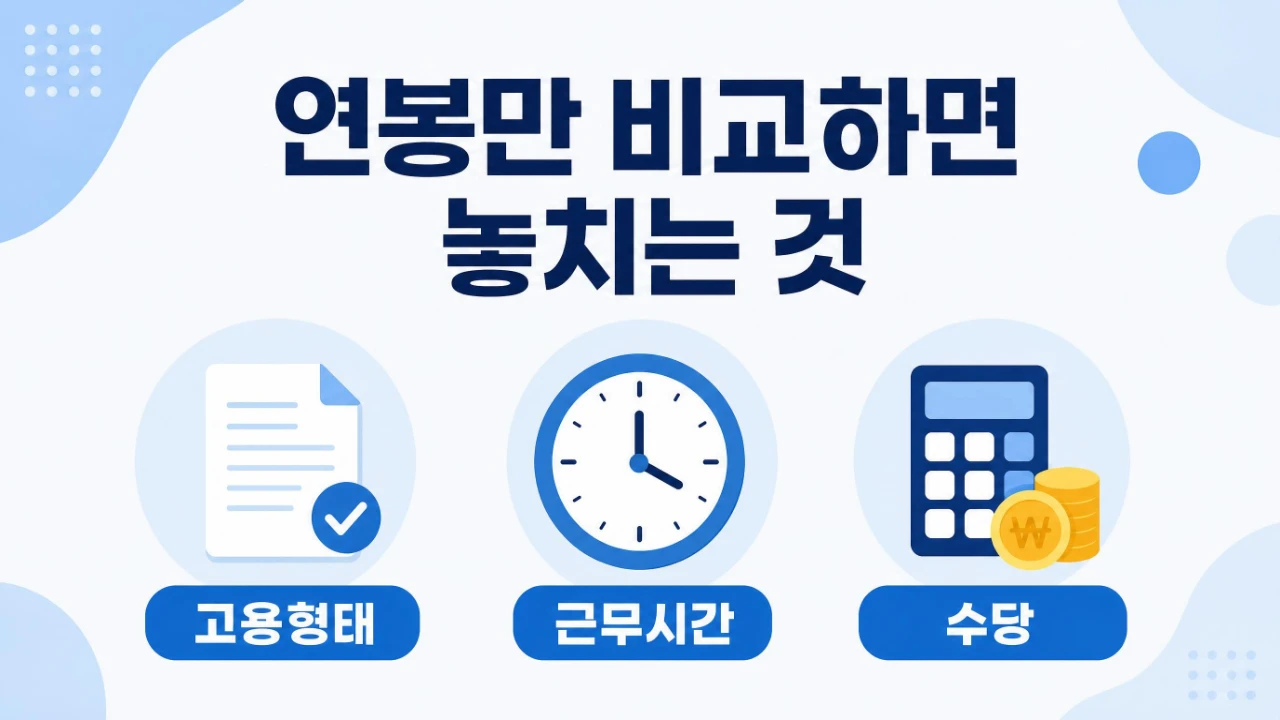 임상병리사 취업 시 연봉과 함께 고용형태, 근무시간, 수당을 비교해야 한다는 안내 이미지