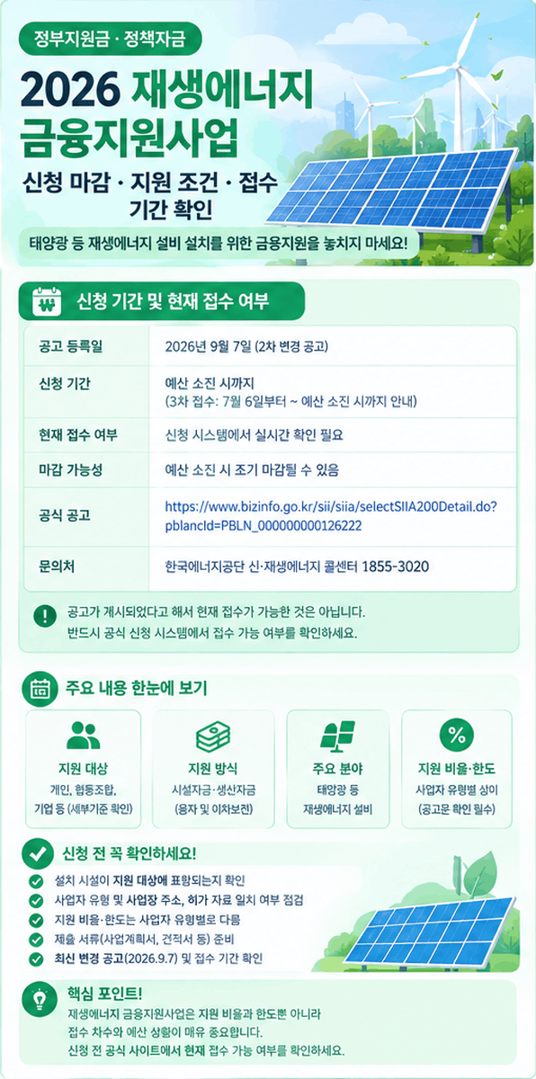 2026 재생에너지 금융지원사업 신청 마감과 태양광 시설자금 접수 기간 확인
