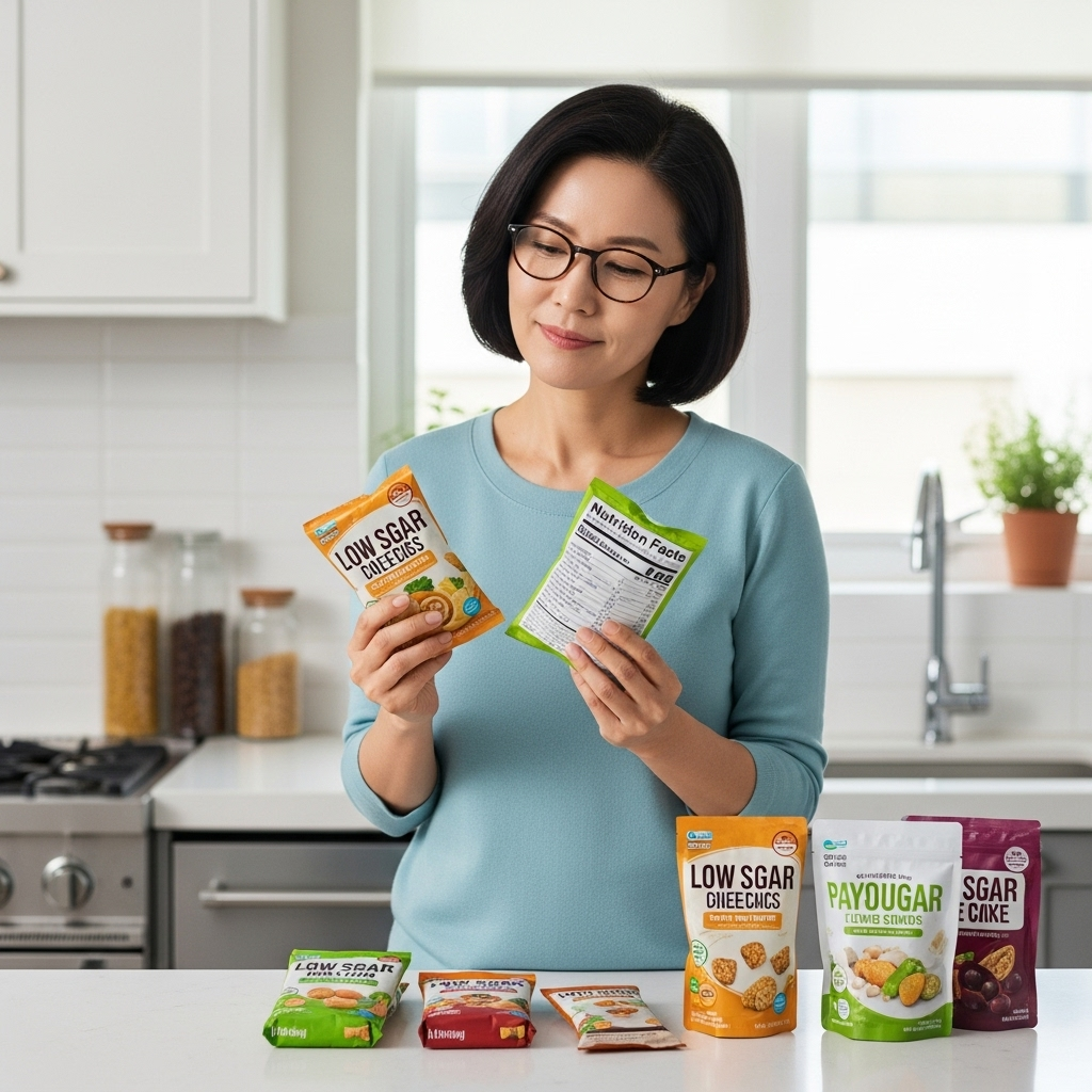 한 40대 한국인 여성이 집 주방에서 여러 저당 간식 제품들의 성분표를 꼼꼼히 비교하며 현명하게 고르는 모습