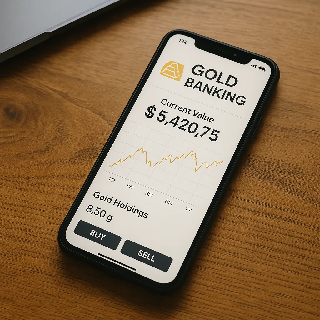 원목 책상 위 스마트폰에 금 투자 앱이 실행된 모습