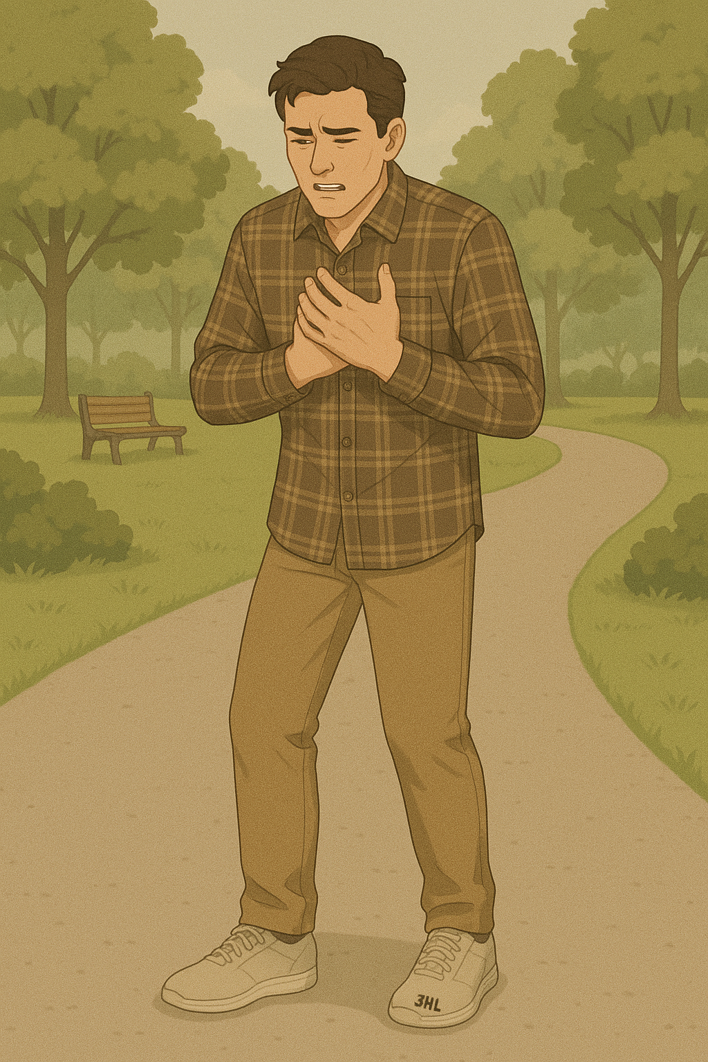 가슴이 아파서 고통스러워 하는 남성