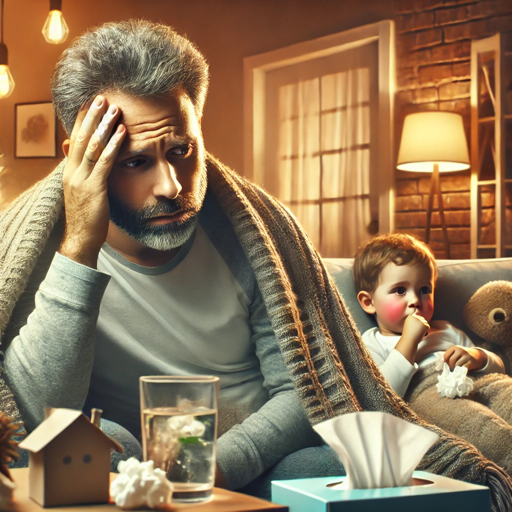 중년 남성이 소파에서 열과 피로로 힘들어하는 장면