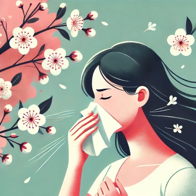 꽃가루 알레르기로 고통받고 있는 사람 그림