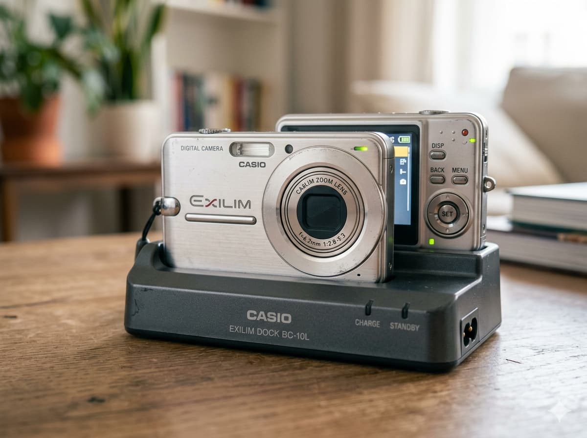 전용 실버 충전 도크(BC-10L)에 장착되어 충전 중인 카시오 엑슬림 빈티지 디지털 카메라. EXILIM 로고 각인과 전면 렌즈부 상세 묘사.