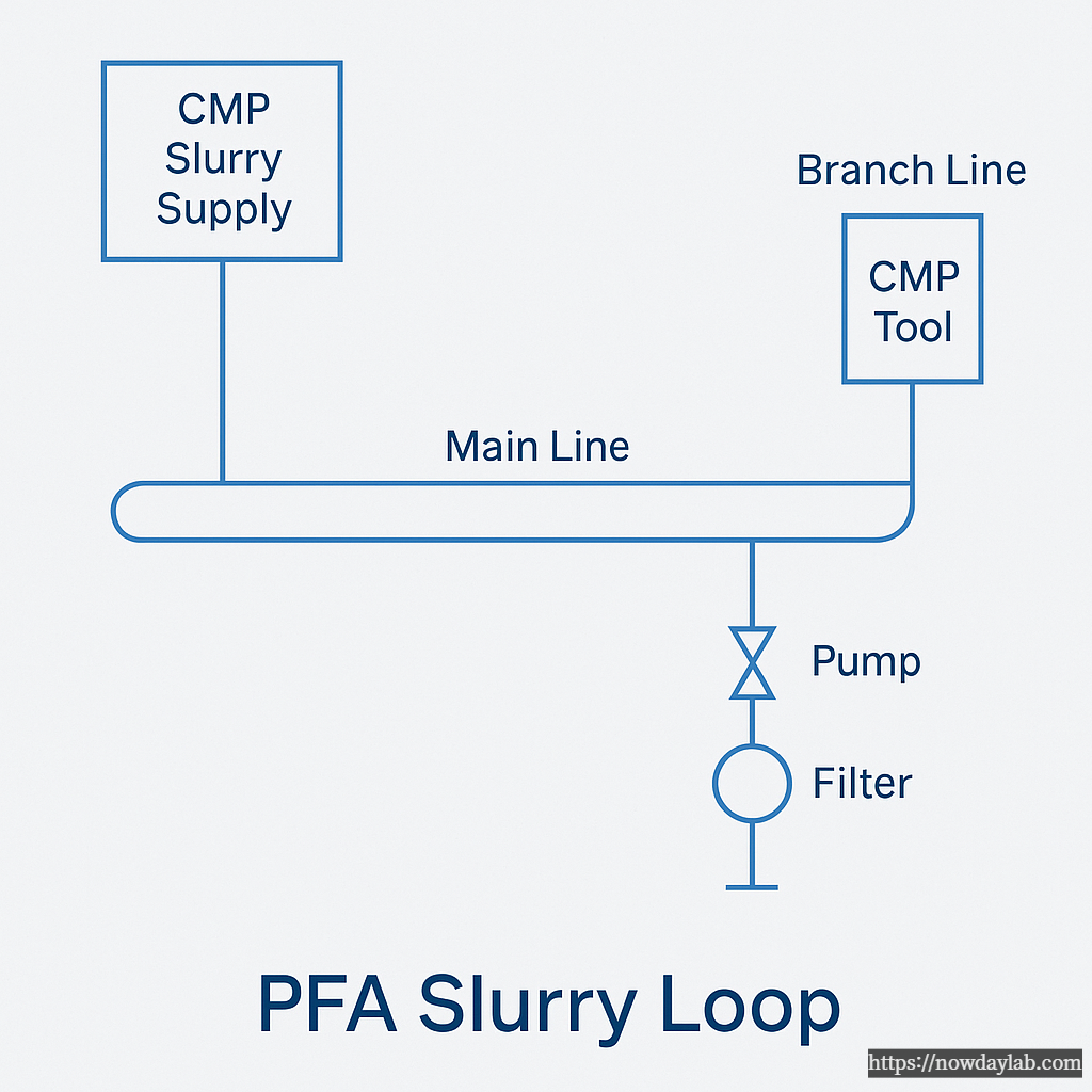 PFA slurry loop schematic showing bulk slurry supply, main circulation line, pump, filter, and CMP tool branch line in a semiconductor facility
