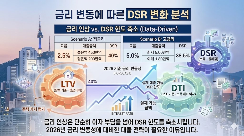 금리 변화에 따라 소득 대비 대출 가능 금액(DSR)이 변동하는 과정을 보여주는 전략 이미지