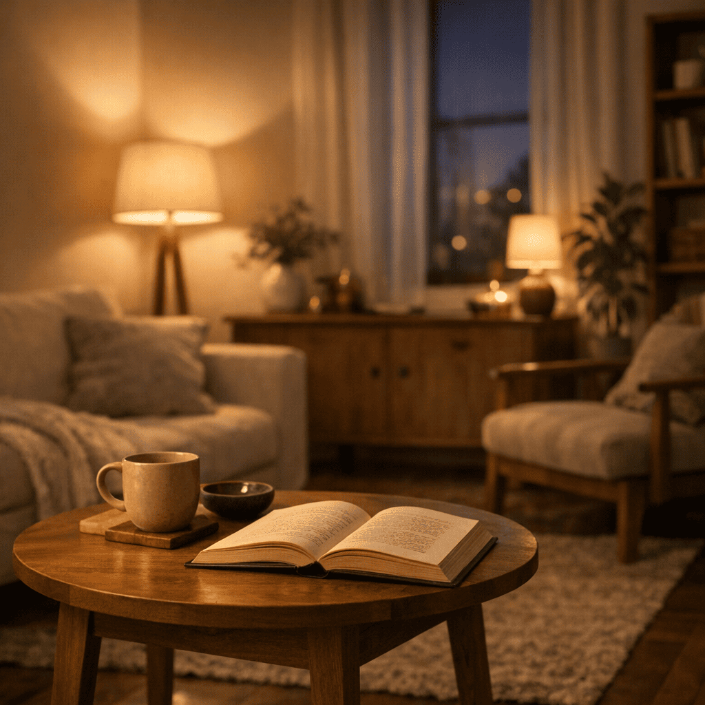 잠들기 전 조명이 낮은 공간에서 조용히 쉬는 밤 시간의 모습