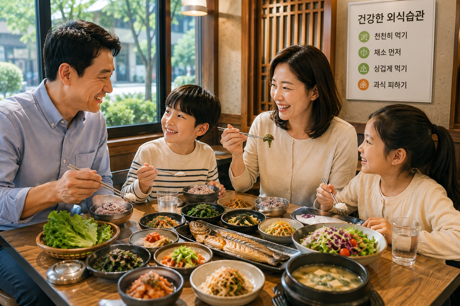 가족이 한식당에서 생선구이와 잡곡밥, 채소 반찬으로 균형 잡힌 식사를 즐기며 건강하게 외식하는 모습
