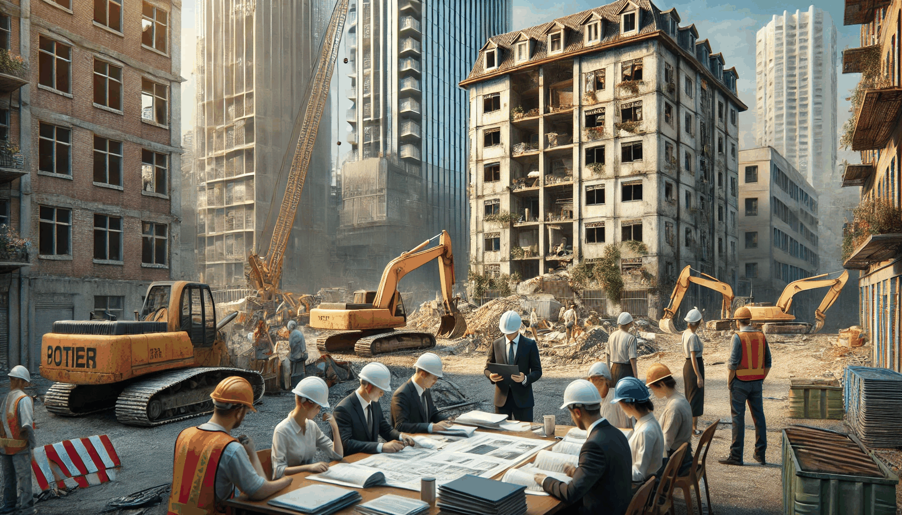 도시 재개발 현장에서 철거 중인 건물과 건설 중인 고층 아파트를 배경으로, 소유자들과 법률 관계자들이 협의하는 모습을 담은 장면