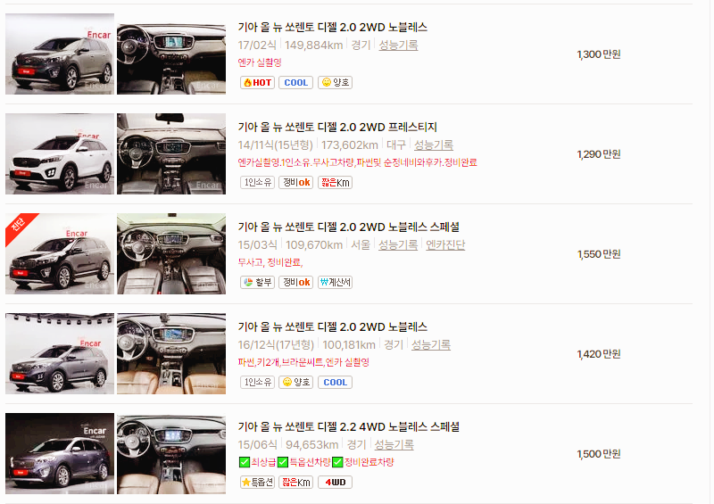 기아 쏘렌토 중고차 가격 시세표 24년10월