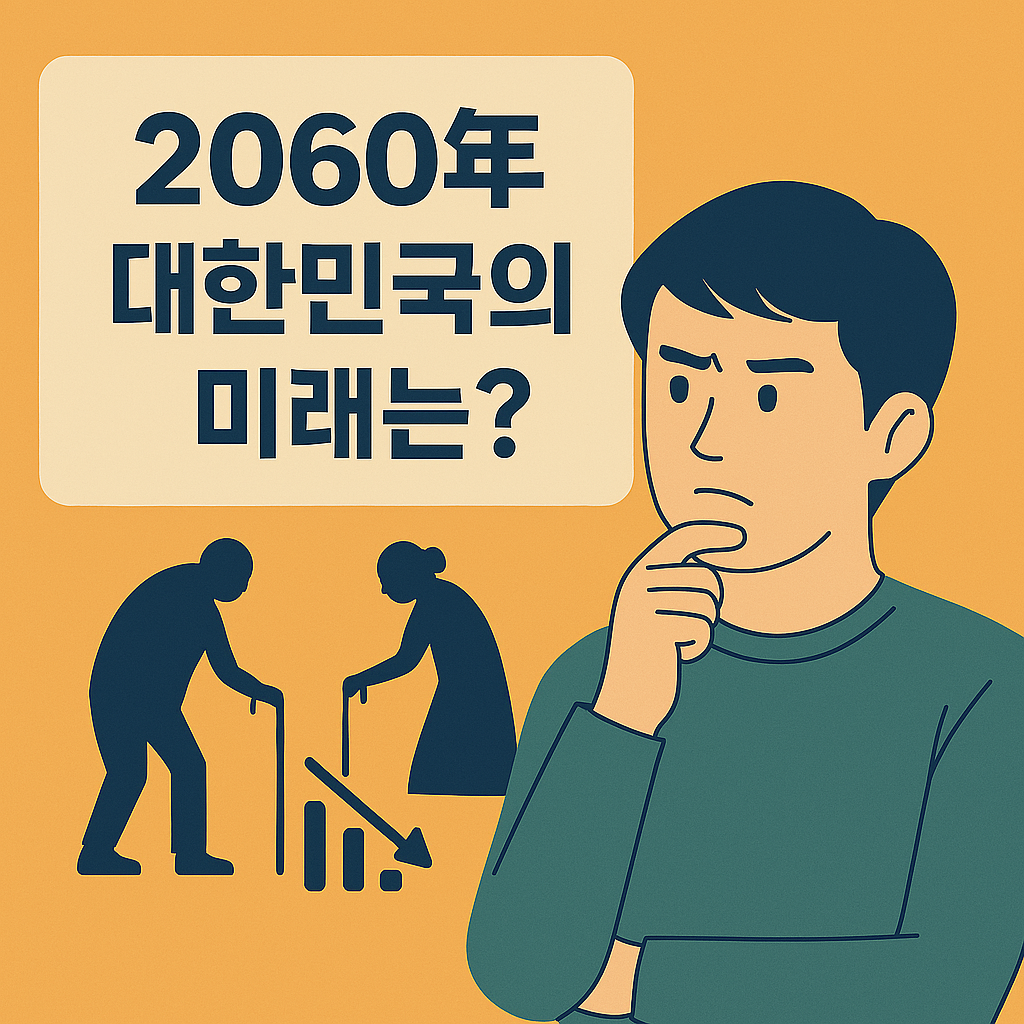 2060년 대한민국우ㅏ 미래는?’라는 문구가 말풍선으로 표현되고, 고령화 사회를 상징하는 실루엣들과 인구 감소 그래프가 함께 등장한 디지털 일러스트. 미래 사회에 대한 불안과 경각심을 시각적으로 전달함.
