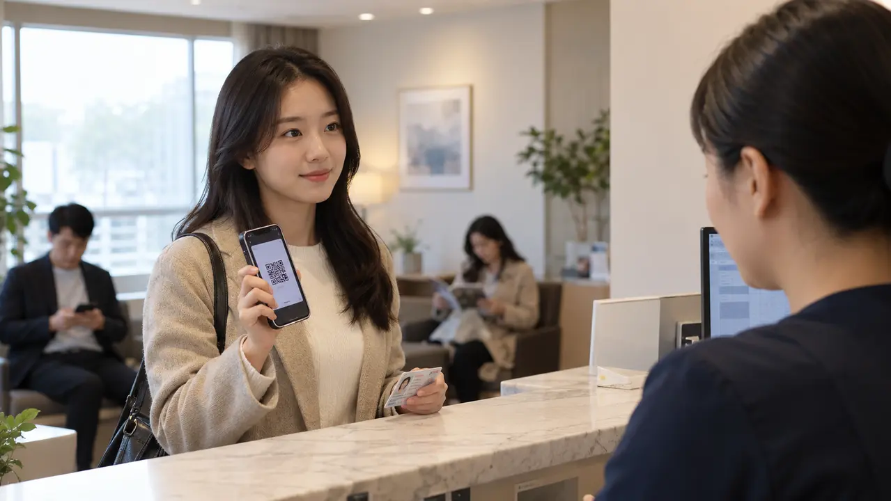 병원 방문 전 모바일 건강보험증을 준비하는 모습