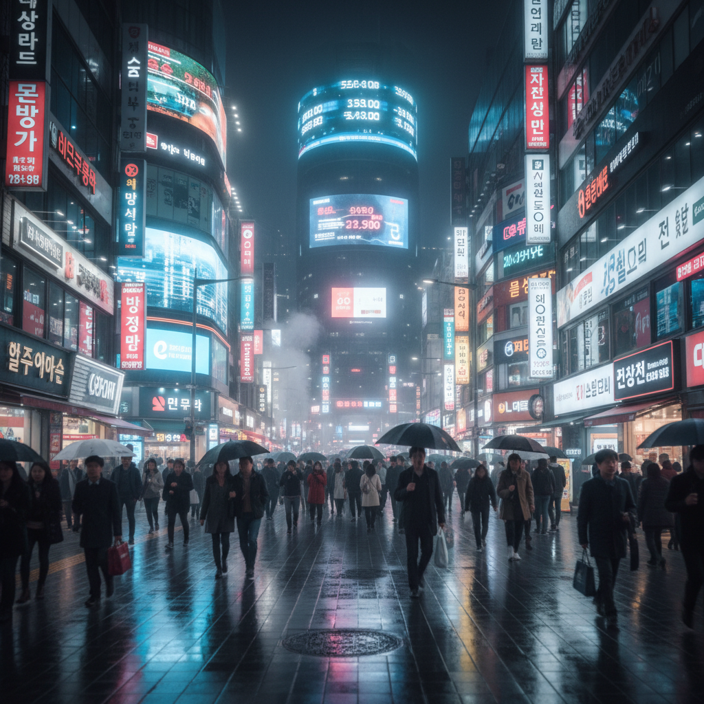 "번화한 도심의 환율 전광판과 바쁘게 움직이는 사람들의 모습"